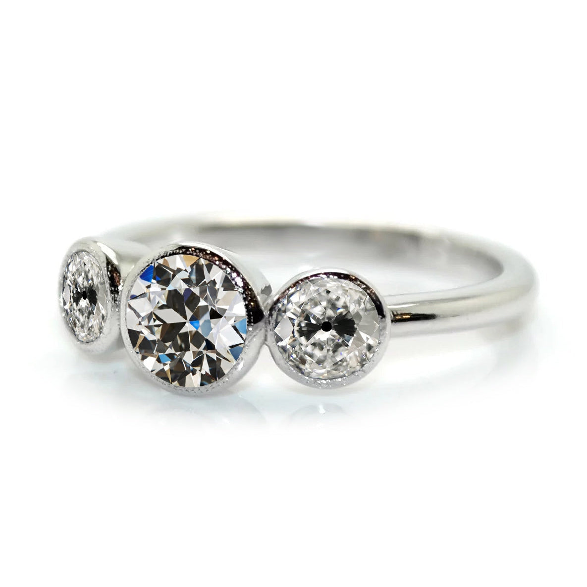 3 Stone Ring Round Old Mine Cut Genuine Diamond White Gold Jewelry 4 Carats