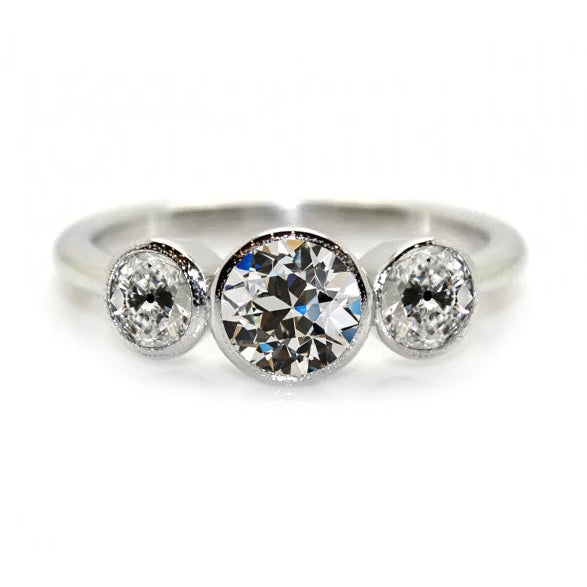 3 Stone Ring Round Old Mine Cut Genuine Diamond White Gold Jewelry 4 Carats