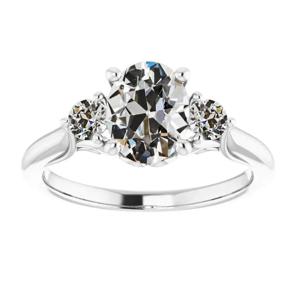 3 Stone Round & Oval Old Miner Natural Diamond Ring 4 Carats 14K Gold