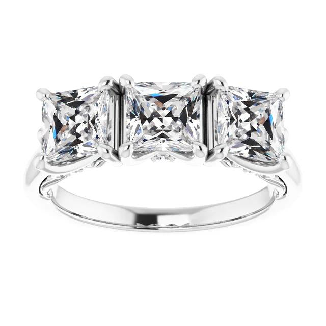 3 Stone Square Cut Old European Real Diamond Ring 14K Gold 9 Carats