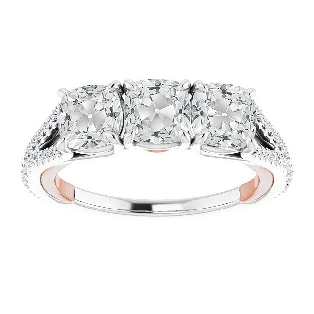 3 Stone Style Real Cushion Old Miner Diamond Ring Split Shank 8.75 Carats