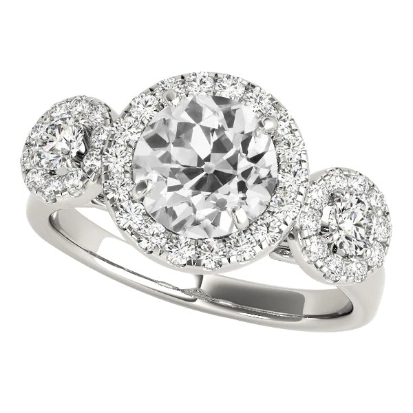 3 Stone Style Round Halo Ring Old Mine Cut Real Diamonds 5 Carats Prong Set
