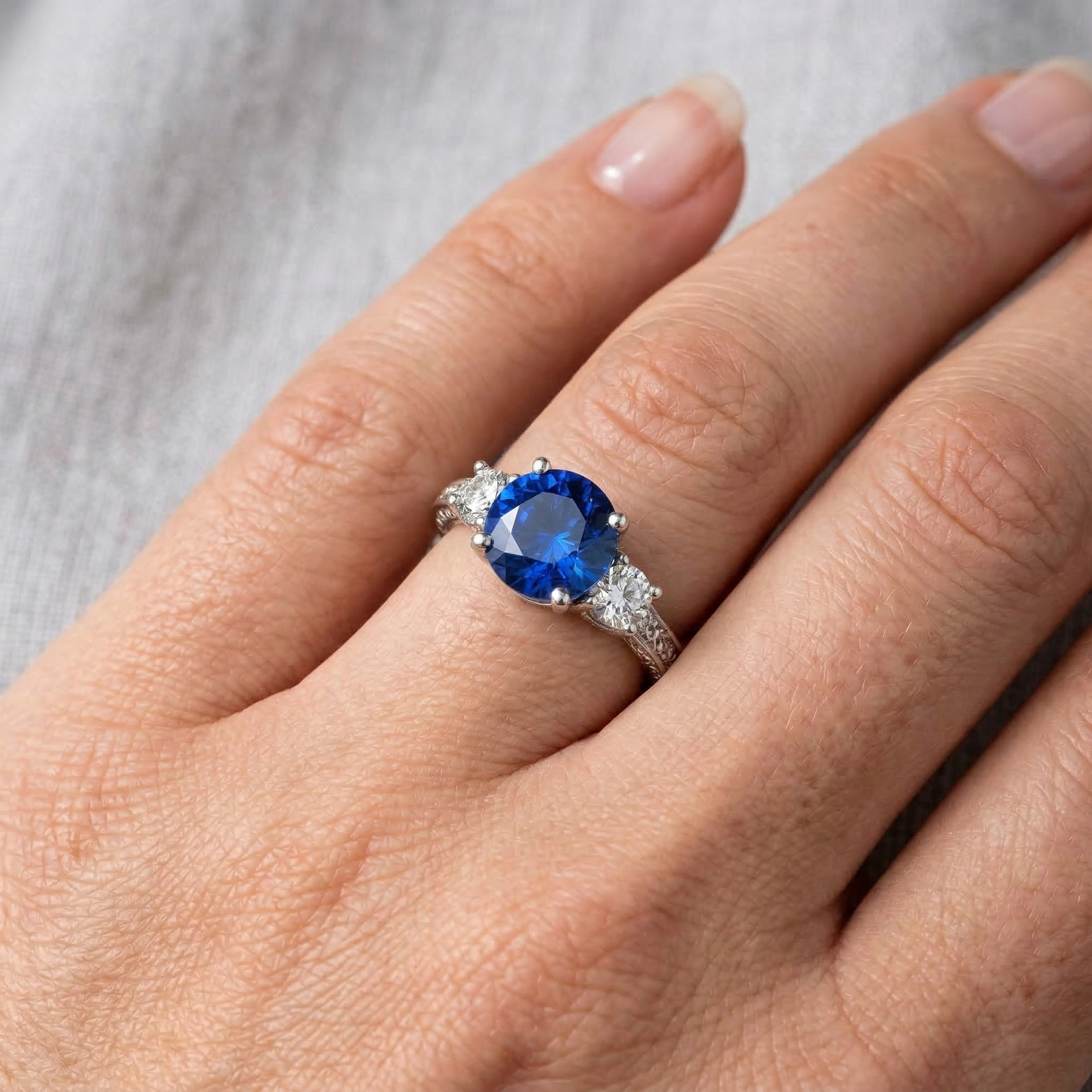 3 Stone Style 2.60 Carats Sri Lankan Sapphire And Diamonds Ring WG 14K