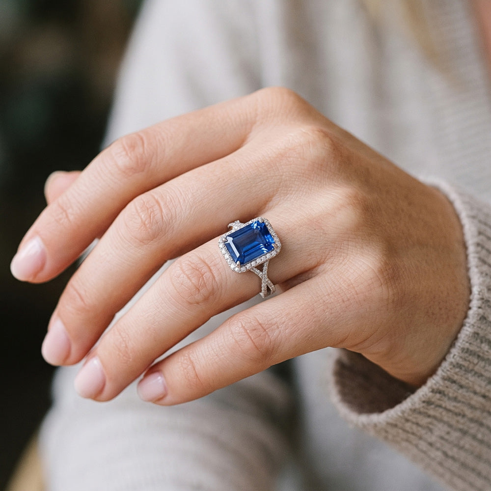 4 Carats Halo Emerald Sri Lankan Sapphire & Natural Earth Mined Diamond ( Not Lab Grown ) Ring Gold