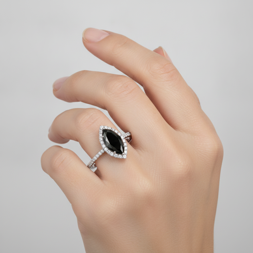 Black Diamond Marriage Ring 4 Carat Real Marquise Halo 14K White Gold