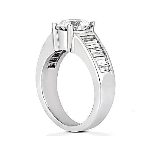 4.25 Carat Round Real Diamond Engagement Ring Baguettes