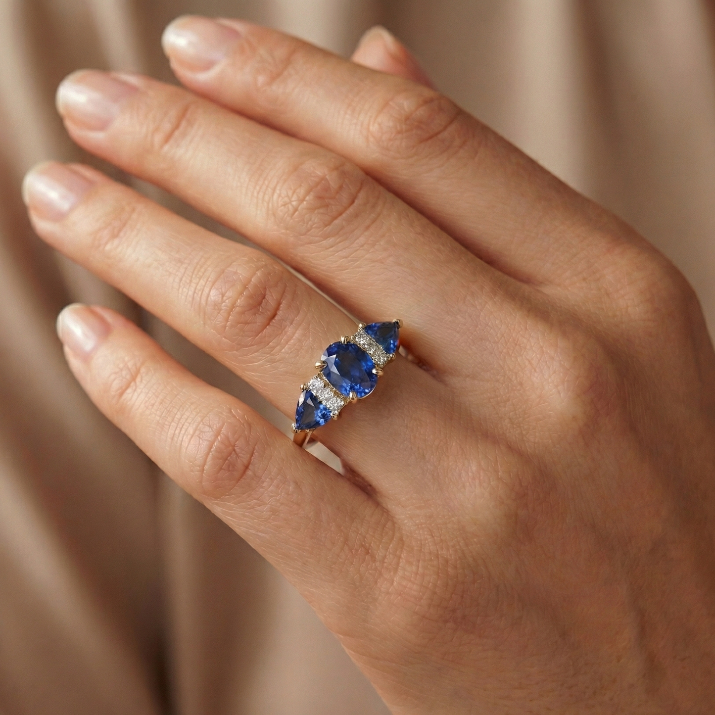 4.25 Ct. Oval Trillion Ceylon Sapphire And Natural Earth Mined Diamond ( Not Lab Grown ) s Ring 3 Stone