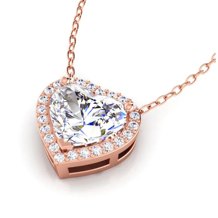 4 Carat Heart Shape Halo Real Diamond Slide Pendant Rose Gold 14K