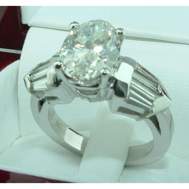 4 Ct. Oval & Baguette Real Diamond 3 Stone Engagement Ring White Gold - Three Stone Ring-harrychadent.ca