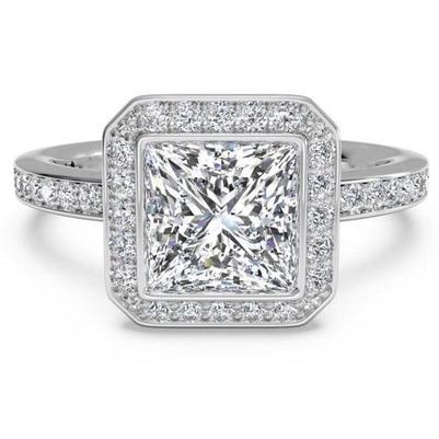 4 Ct. Princess & Round Natural Diamond Halo Ring 14K WG With Diamonds