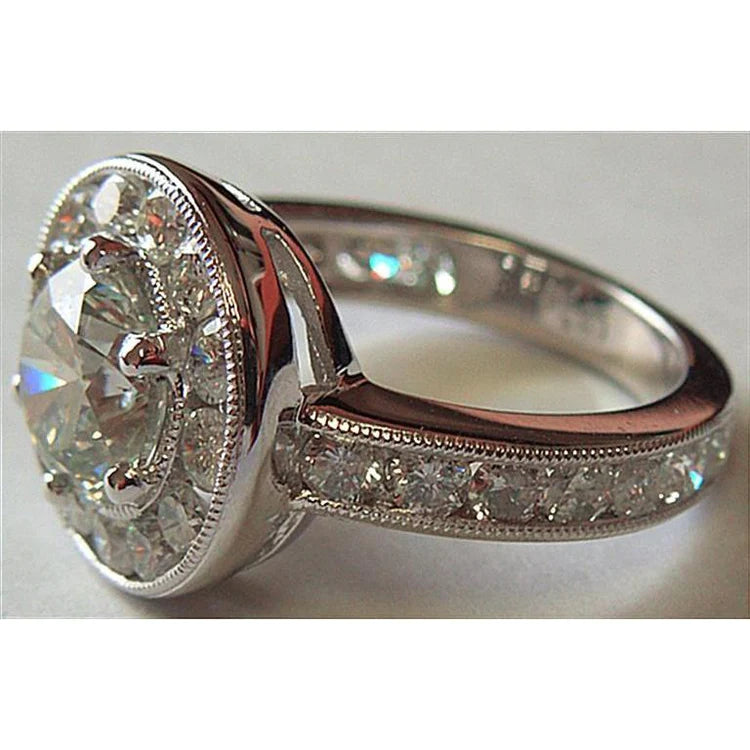Big Diamond Ring Round Genuine Diamond Halo Ring Platinum
