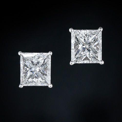 4 Ct Big Princess Cut Prong Set Natural Diamond Stud Earring