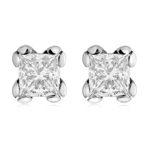 4 Ct Big Princess Cut Solitaire Genuine Diamond Stud Earring 14K White Gold