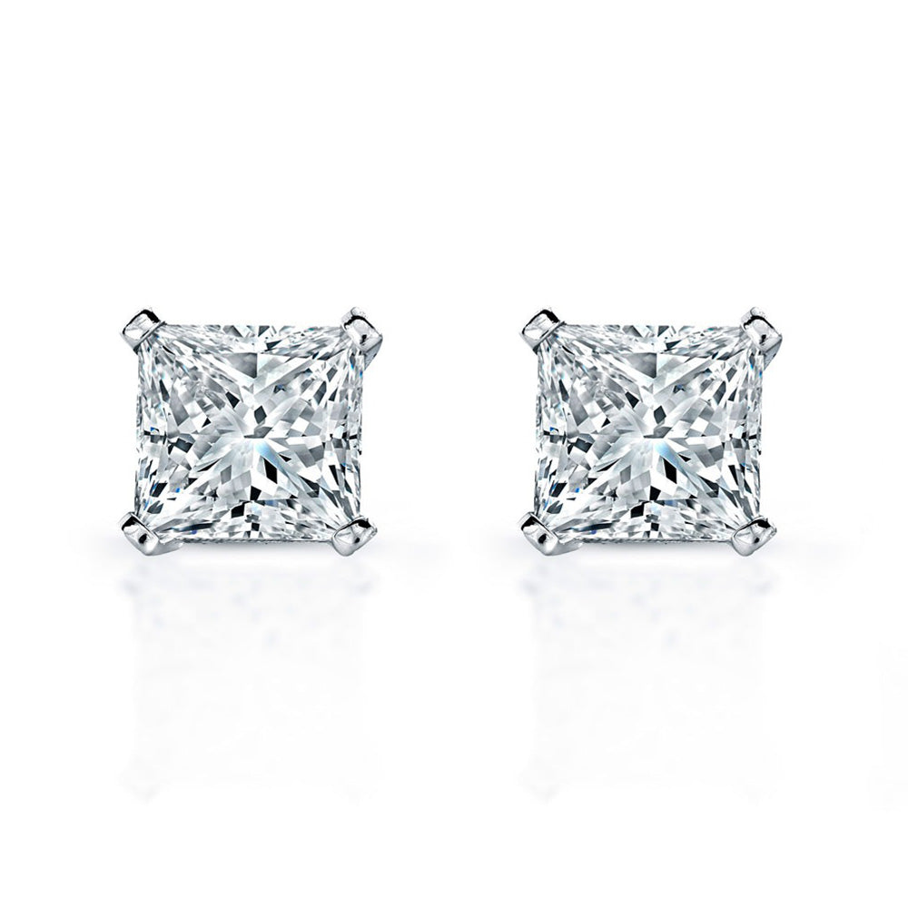 4 Carats Women Stud Earrings Princess Cut Real Natural Earth Mined Diamonds White Gold 14K