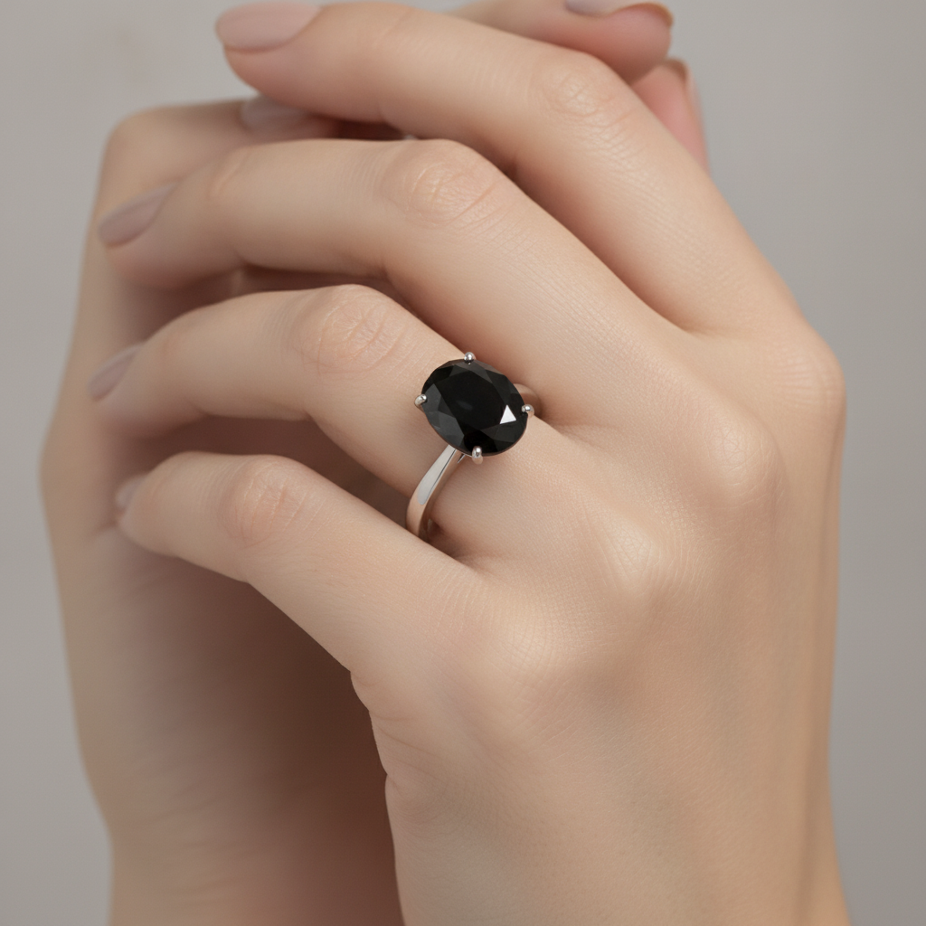 Black Diamond Engagement Ring 5 Carat Real Oval Solitaire Tapered 14K White Gold