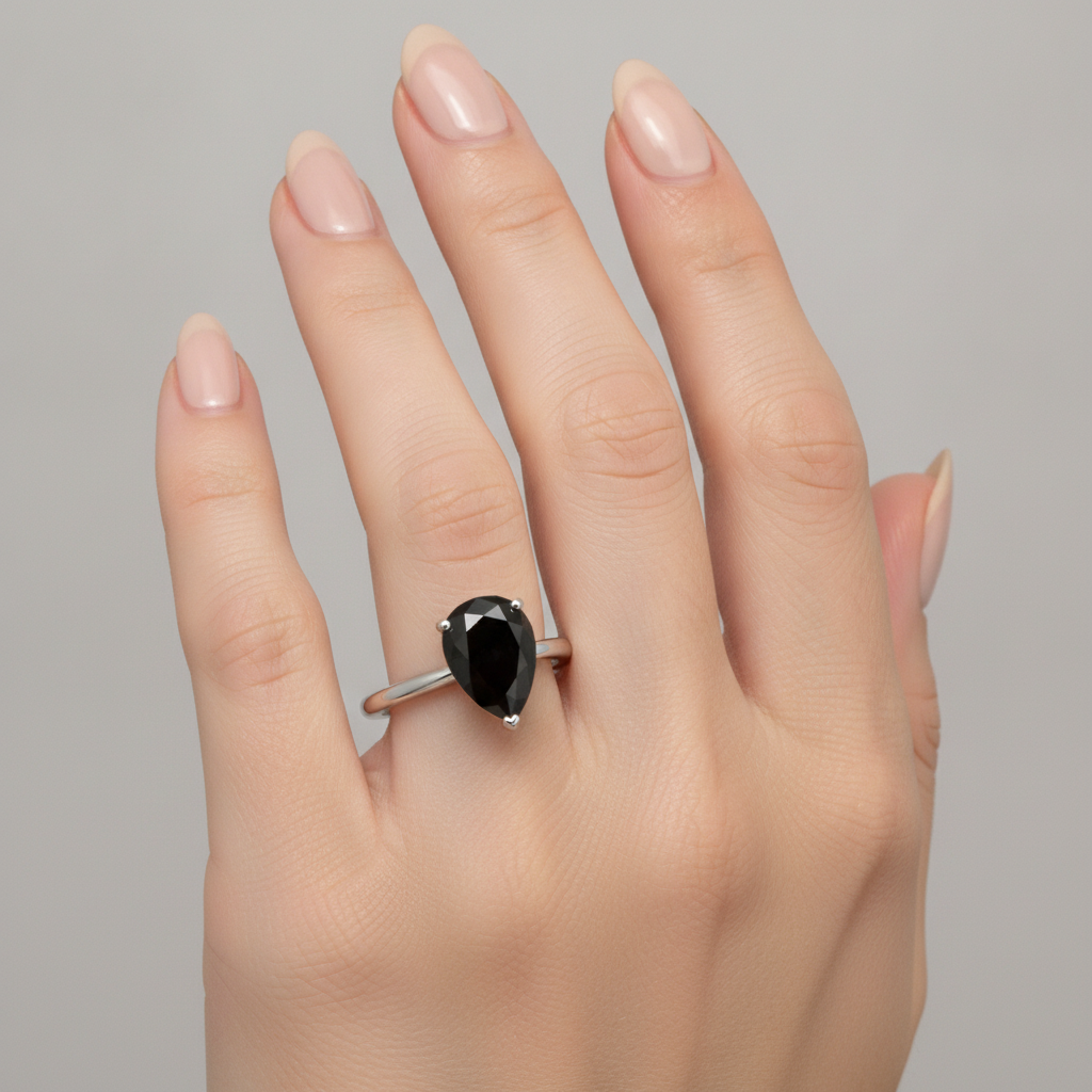 Dark Diamond Engagement Ring 5 Carat Real Pear Black Solitaire Tapered 14K White Gold