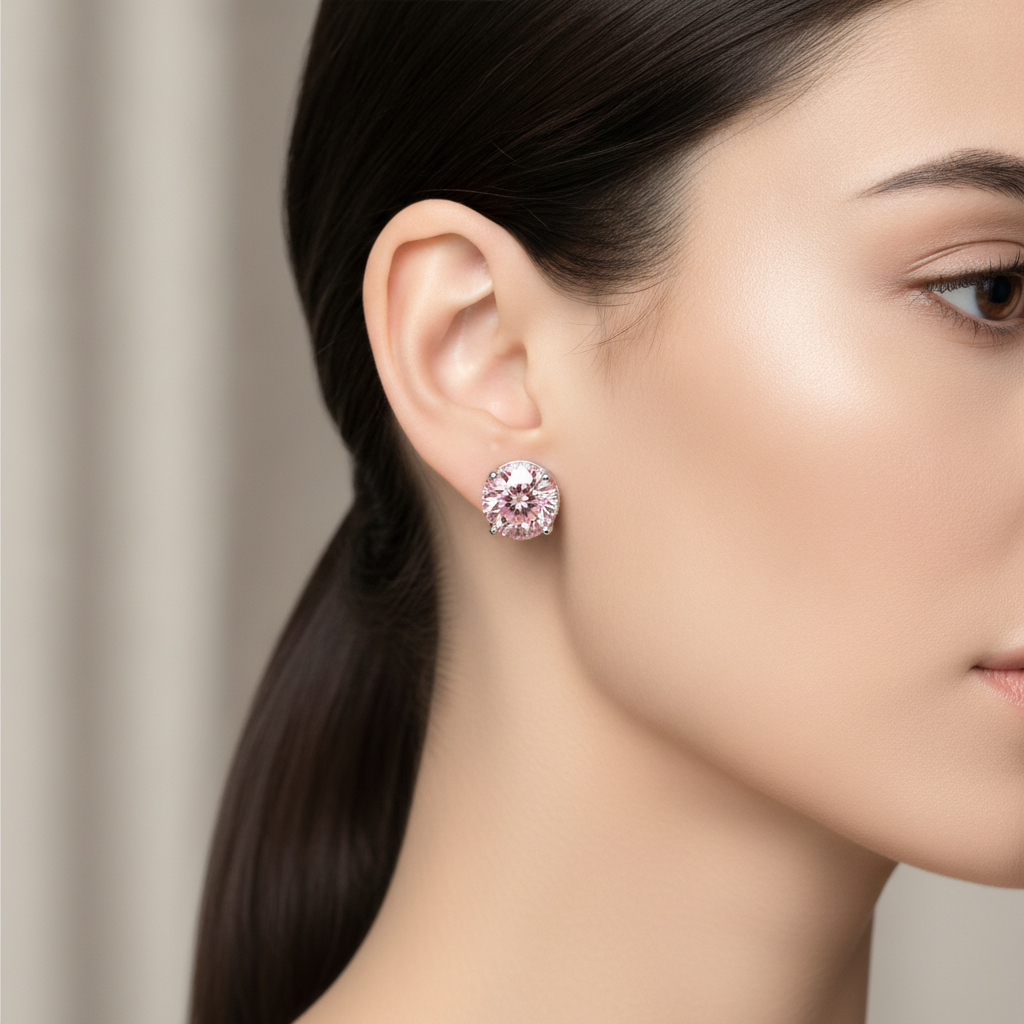Lab Grown Pink Diamond Earrings 5 Carat Round Hidden Halo 14K White Gold