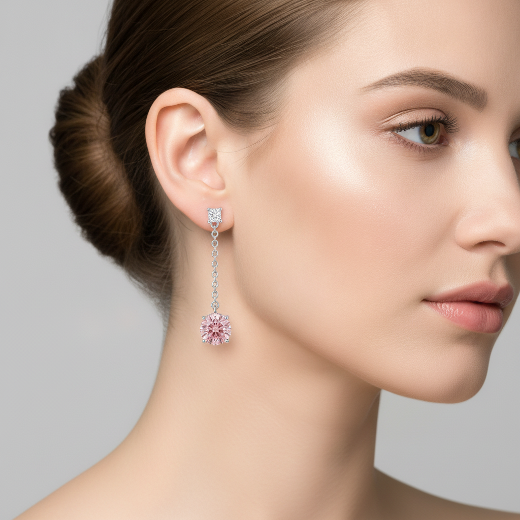 Pink Diamond Earrings 5 Carat Lab Grown Round Solitaire Plain 14K White Gold
