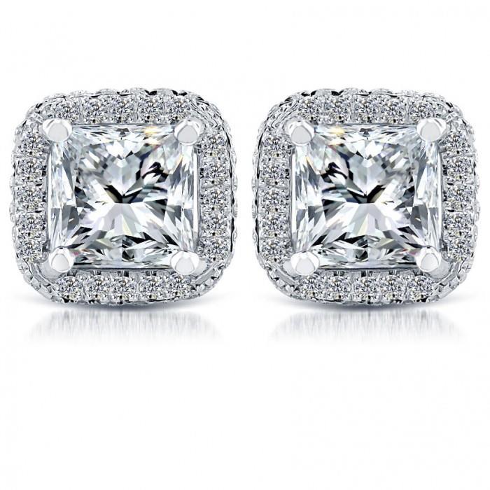 5.70 Carats Princess & Round Real Diamond Stud Earrings White Gold 14K