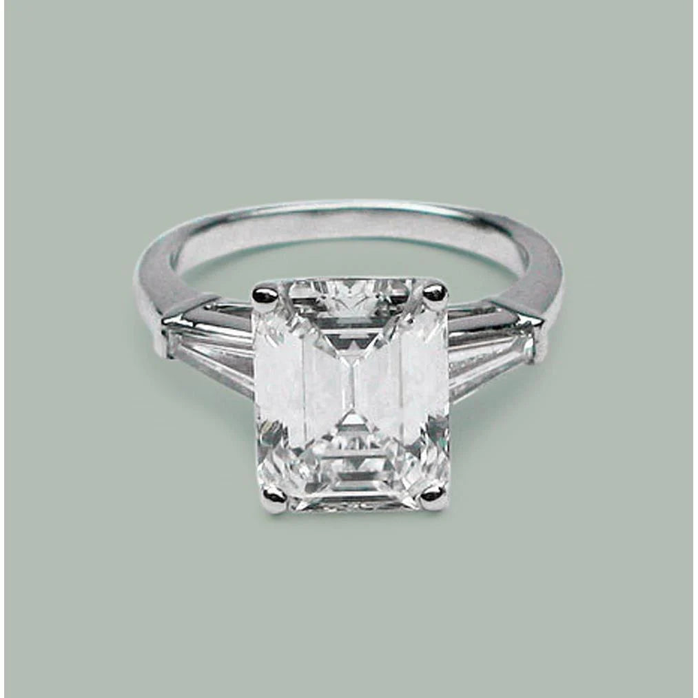 5.80 Ct. Emerald & Baguettes Real Diamond 3 Stone Ring White Gold New