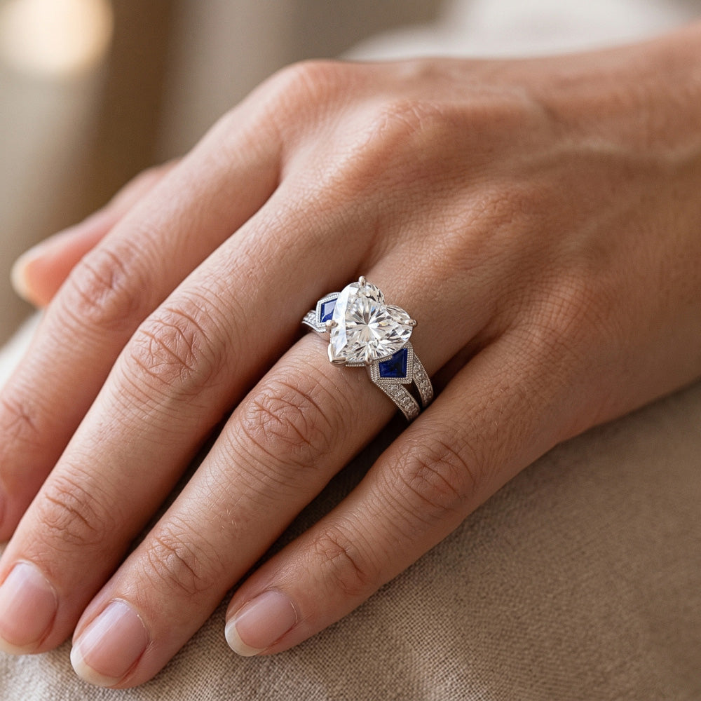 6.50 Carats Real Heart Cut Natural Earth Mined Diamond ( Not Lab Grown ) With Sapphire Wedding Ring WG 14K