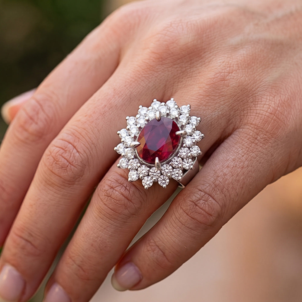 6 Carats Red Oval Cut Tourmaline And Natural Earth Mined Diamond ( Not Lab Grown ) Anniversary Ring