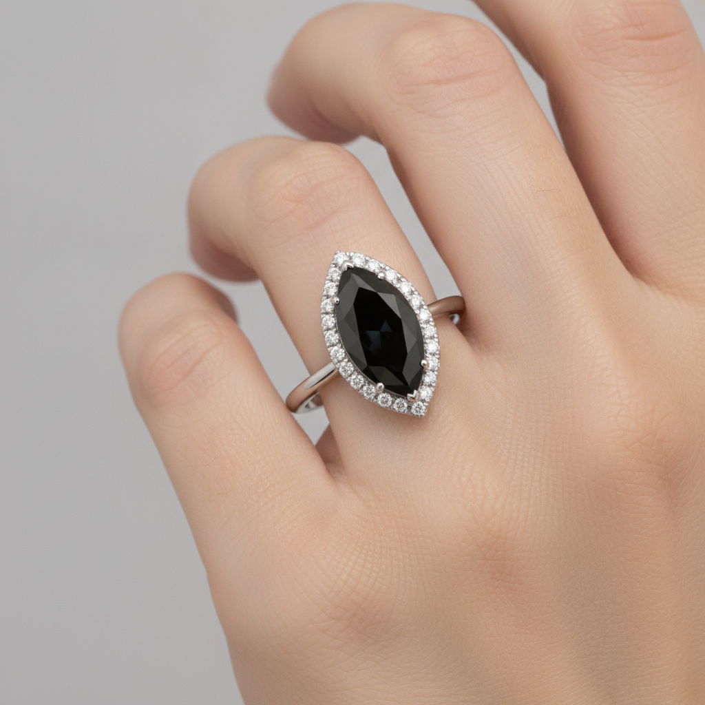 Black Diamond Proposal Ring 3 Carat Genuine Marquise Halo 14K White Gold