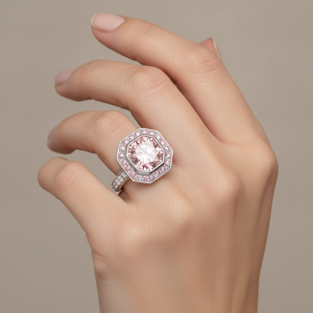Pink Gemstone Engagement Ring 6 Carat Lab Grown Radiant Diamond Halo 14K White Gold
