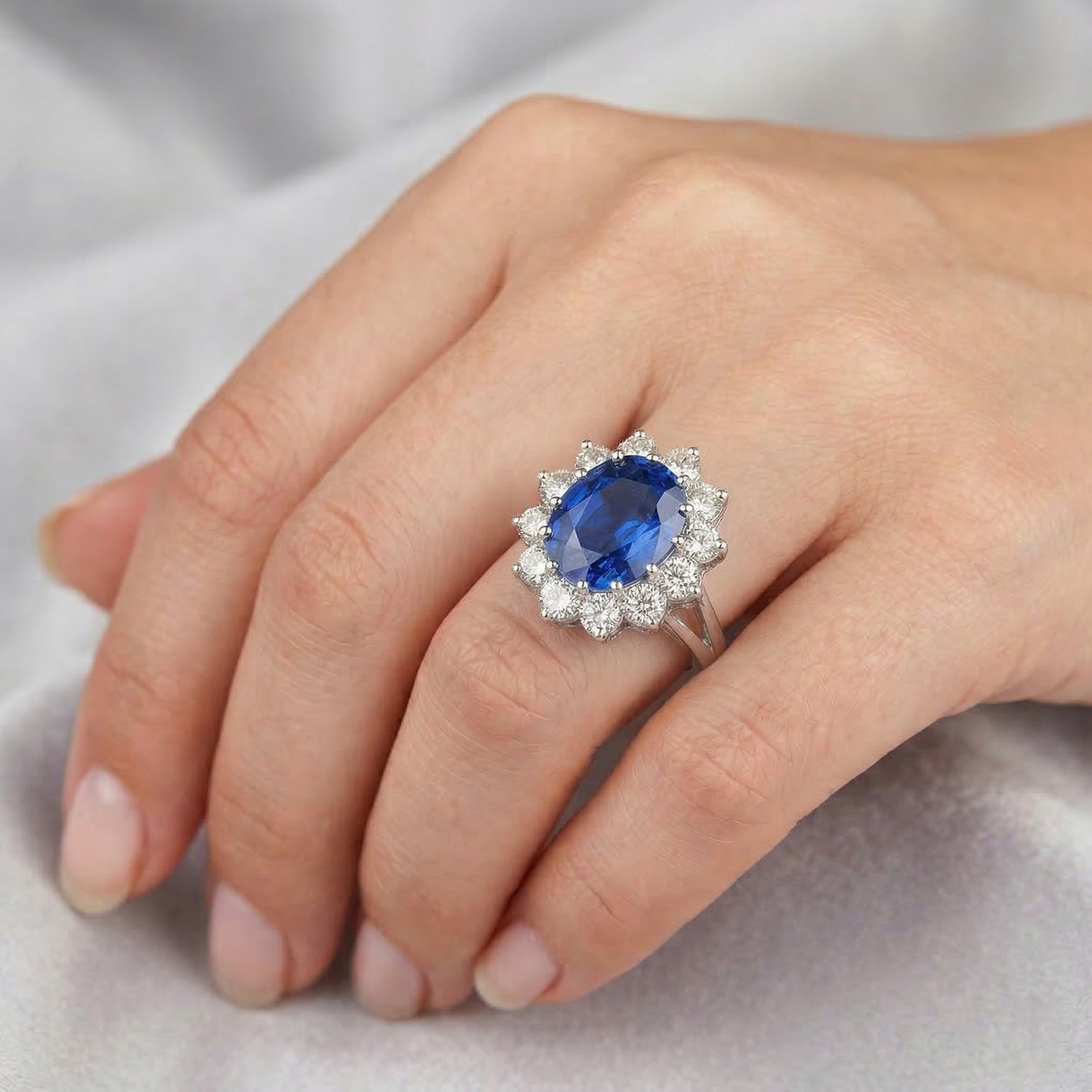 6.50 Carat Flower Sri Lankan Sapphire Ring Natural Earth Mined Diamond ( Not Lab Grown ) White Gold 14K