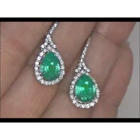 6 Carats Green Emerald And Diamond Dangle Earrings White Gold 14K