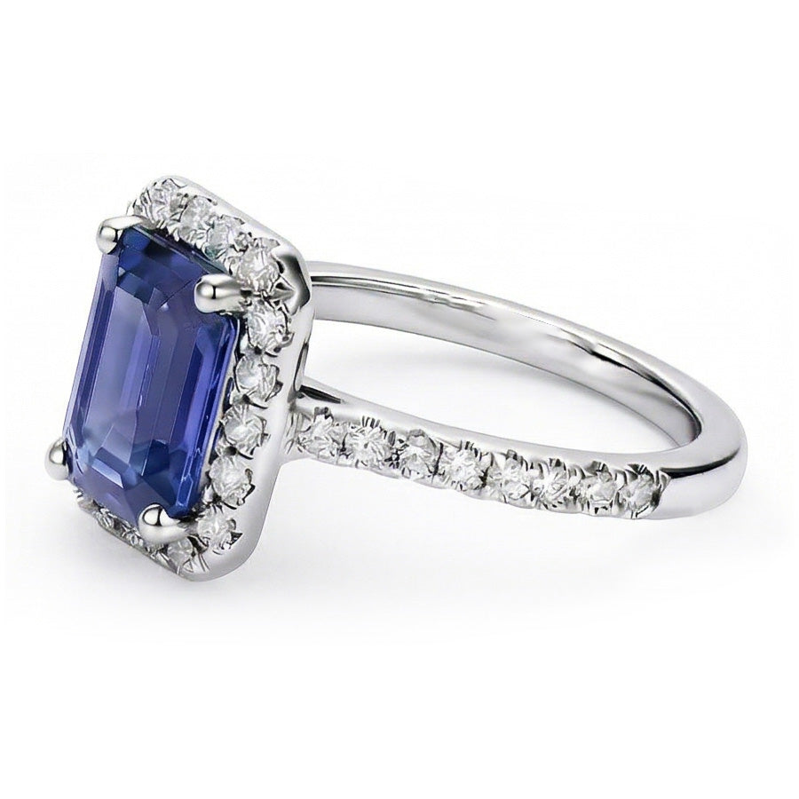 Anniversary Emerald Halo Blue Sapphire & Natural Earth Mined Diamond ( Not Lab Grown )s Ring 3.50 Carats