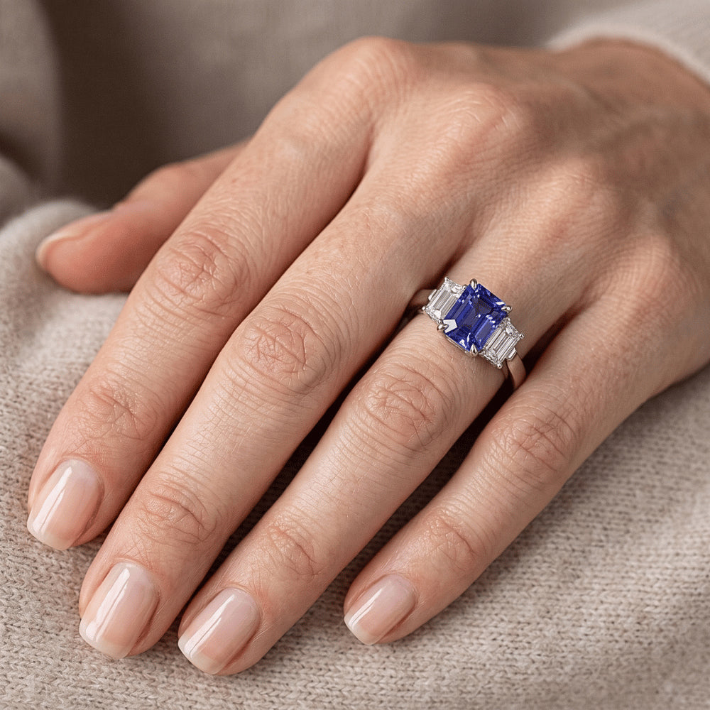 Anniversary Natural Earth Mined Diamond ( Not Lab Grown ) Ring 3 Carats Claw Prong Set Ceylon Sapphire Gold