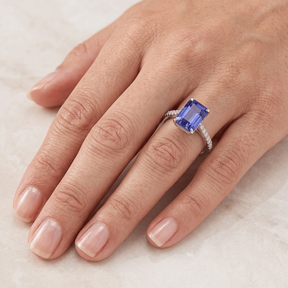 Anniversary Ring Emerald Sapphire & Natural Earth Mined Diamond ( Not Lab Grown ) 4 Carats Tapered Shank