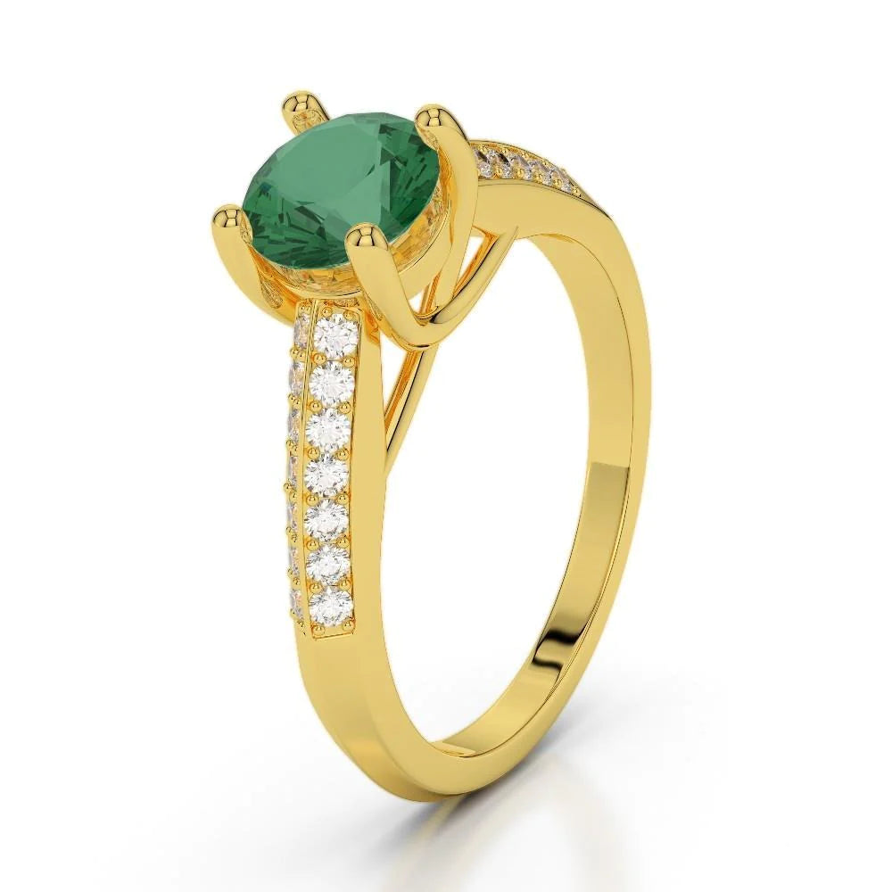 Anniversary Ring 2.25 Ct Round Cut Green Emerald And Diamonds Yellow Gold