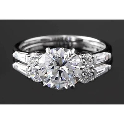Anniversary Ring Round & Baguette Real Diamonds 4.50 Carats White Gold 14K