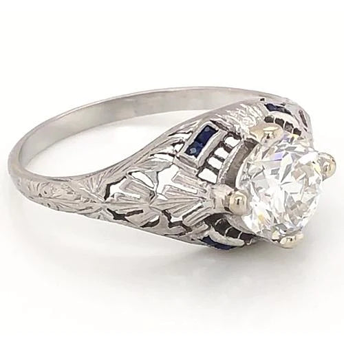 Antique Style Real Diamond Ring 1.50 Carats Blue Sapphire White Gold 14K