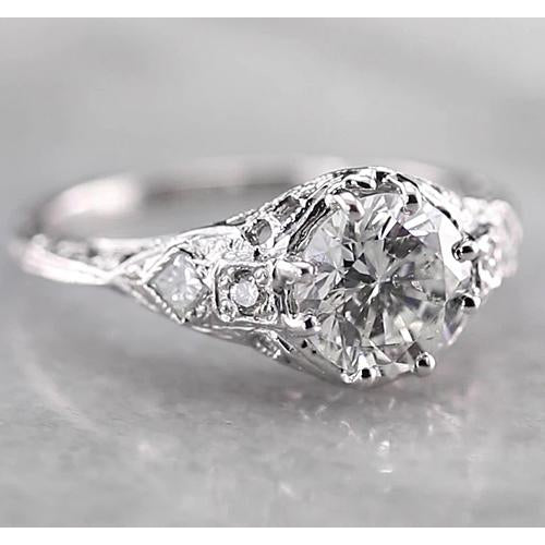 Antique Style Round Real Diamond Ring 2 Carats White Gold 14K