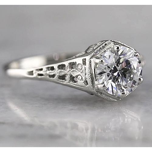 Antique Style Round Solitaire Natural Diamond Ring White Gold 14K