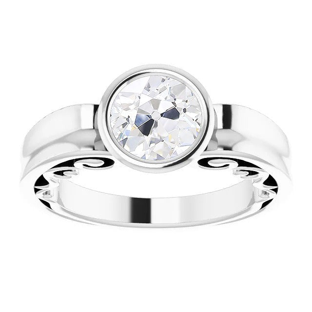 Antique Style Solitaire Round Real Old Cut Diamond Ring Bezel Set 2 Carats