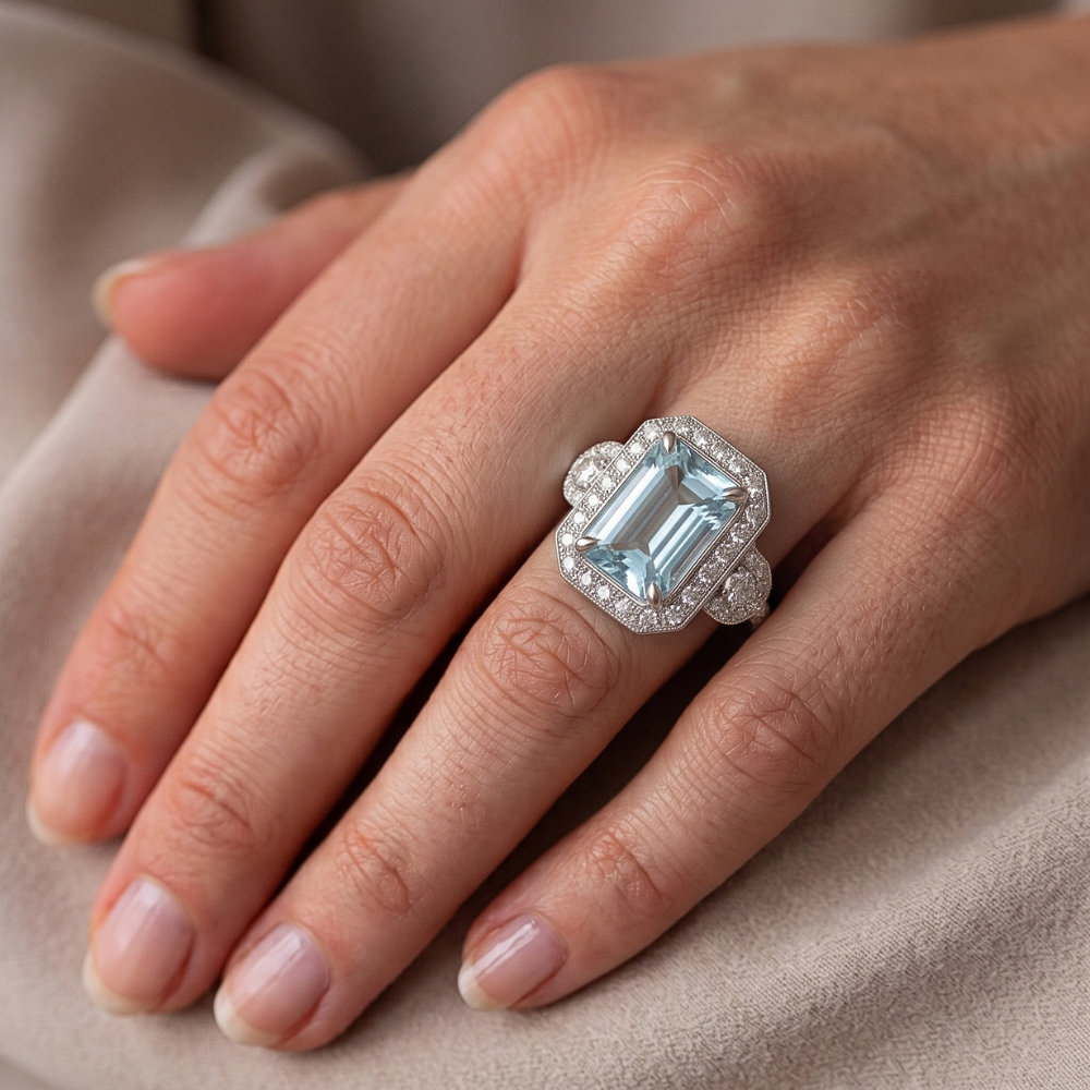 Aquamarine And Natural Earth Mined Diamond ( Not Lab Grown )s 5.80 Ct Anniversary Ring New White Gold 14K