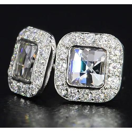 Asscher Genuine Diamond Halo Stud Earrings 4 Carats White Gold