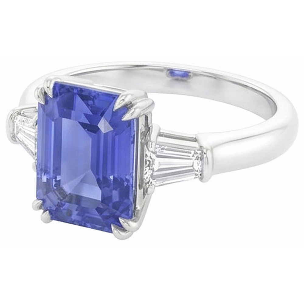 Baguette Natural Earth Mined Diamond ( Not Lab Grown ) 3 Stone Emerald Cut Blue Sapphire Ring 2.25 Carats