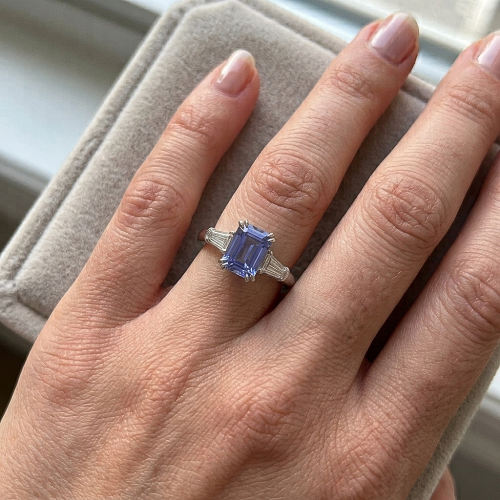 Baguette Natural Earth Mined Diamond ( Not Lab Grown ) 3 Stone Emerald Cut Blue Sapphire Ring 2.25 Carats