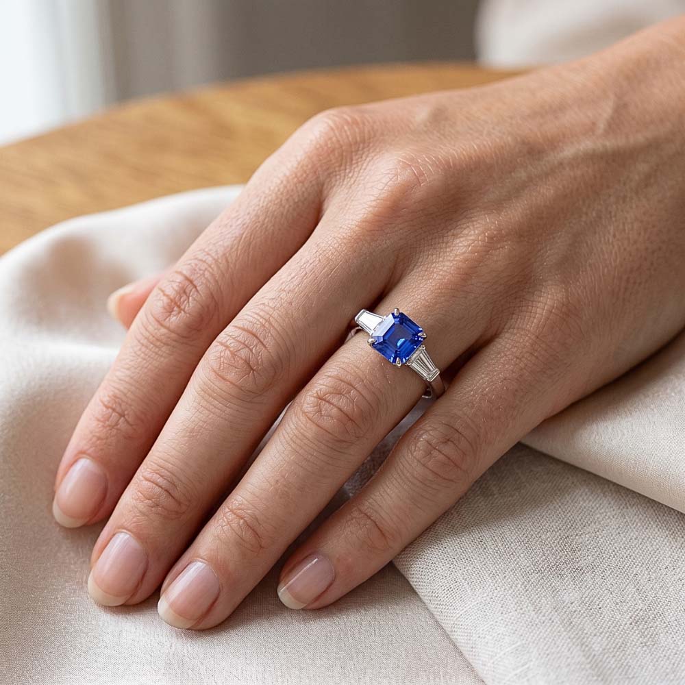 Baguette Natural Earth Mined Diamond ( Not Lab Grown ) 3 Stone Ring Asscher Cut Blue Sapphire 2.50 Carats