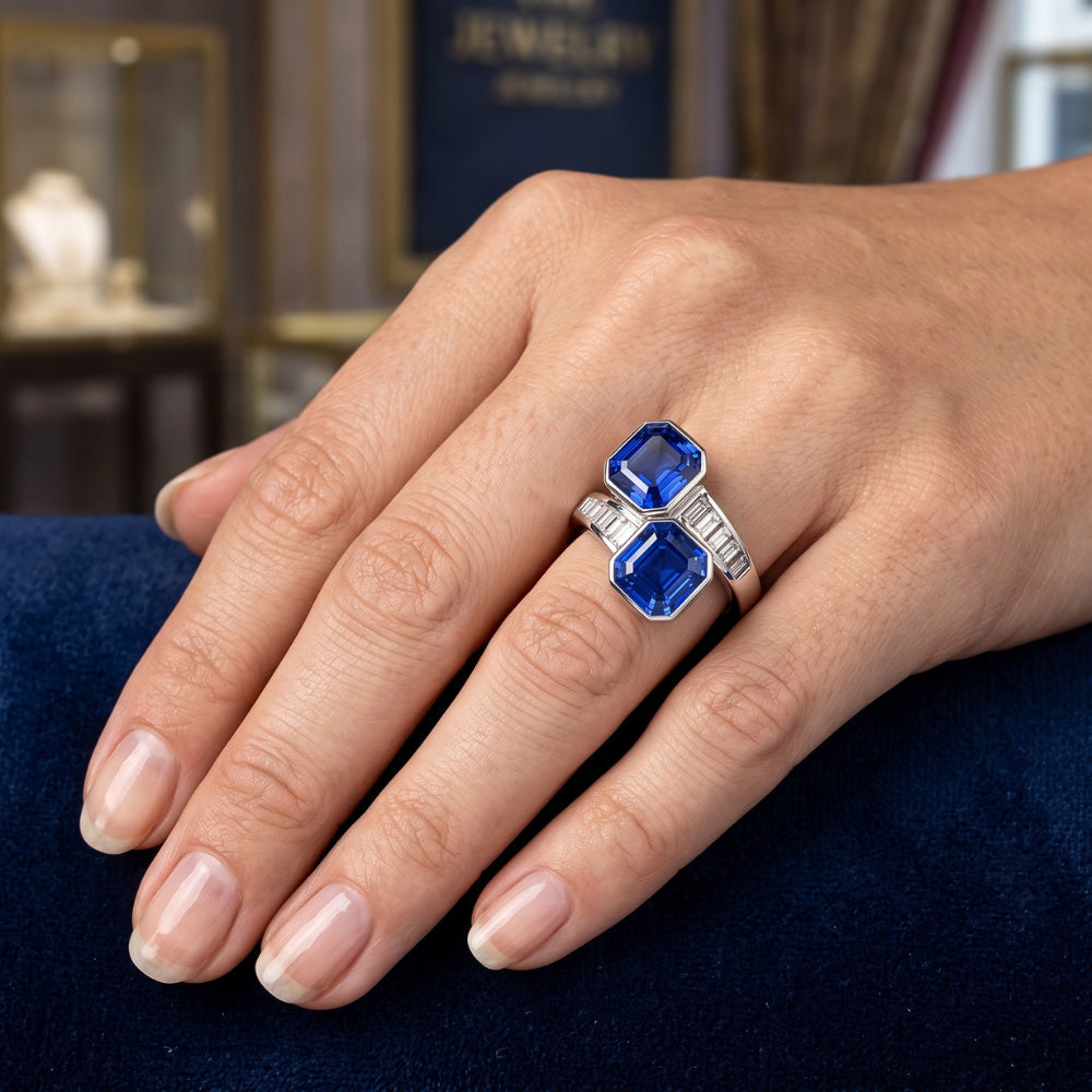 Baguette Natural Earth Mined Diamond ( Not Lab Grown ) Asscher Sapphire Ring Bezel & Channel Set 4.50 Carats