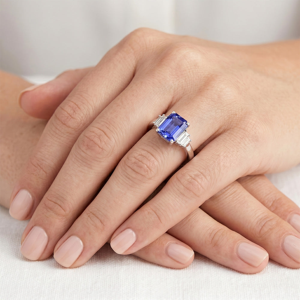 Baguette Natural Earth Mined Diamond ( Not Lab Grown ) Ring Ceylon Sapphire Jewelry 2.50 Carats 4 Prong Set