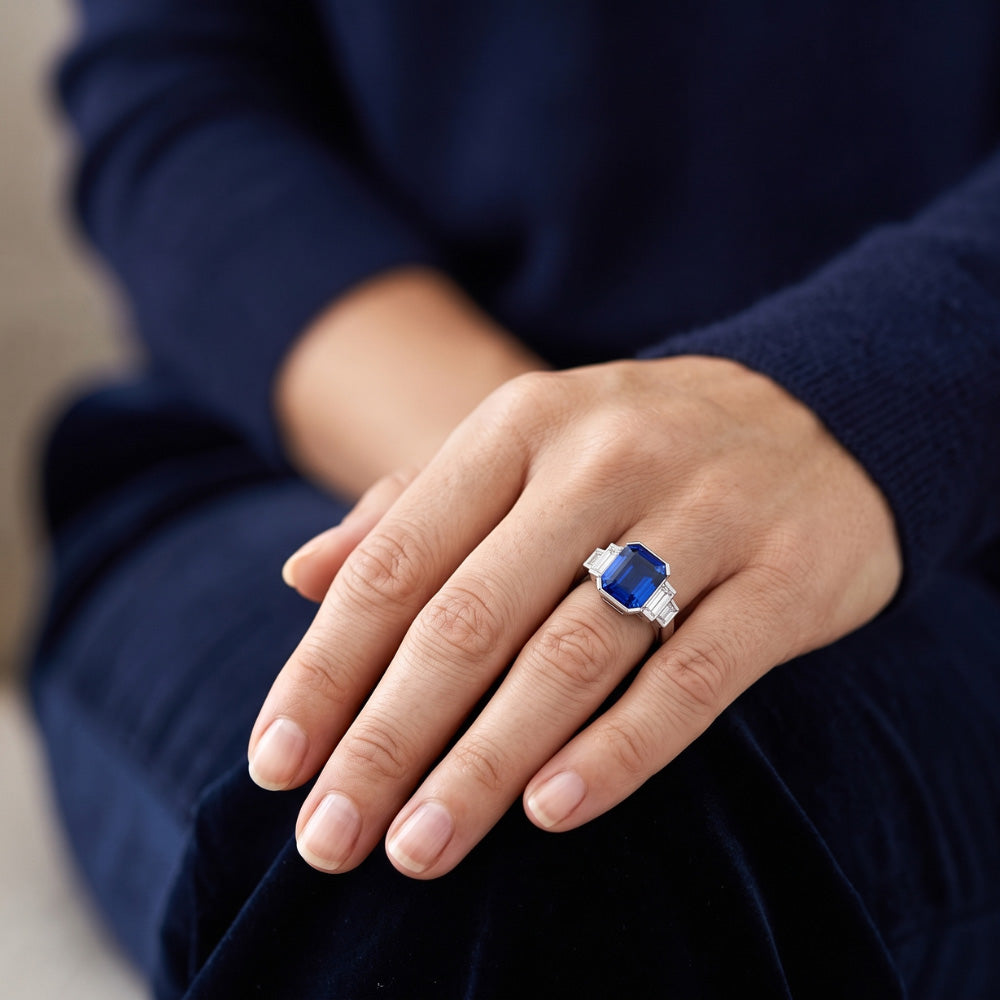 Baguette Natural Earth Mined Diamond ( Not Lab Grown ) & Radiant Cut Blue Sapphire Ring Bar Set 2 Carats
