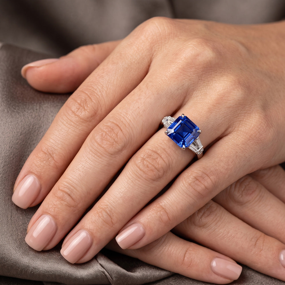Baguette & Round Natural Earth Mined Diamond ( Not Lab Grown ) Ceylon Sapphire Ring Emerald Cut 2.50 Carats