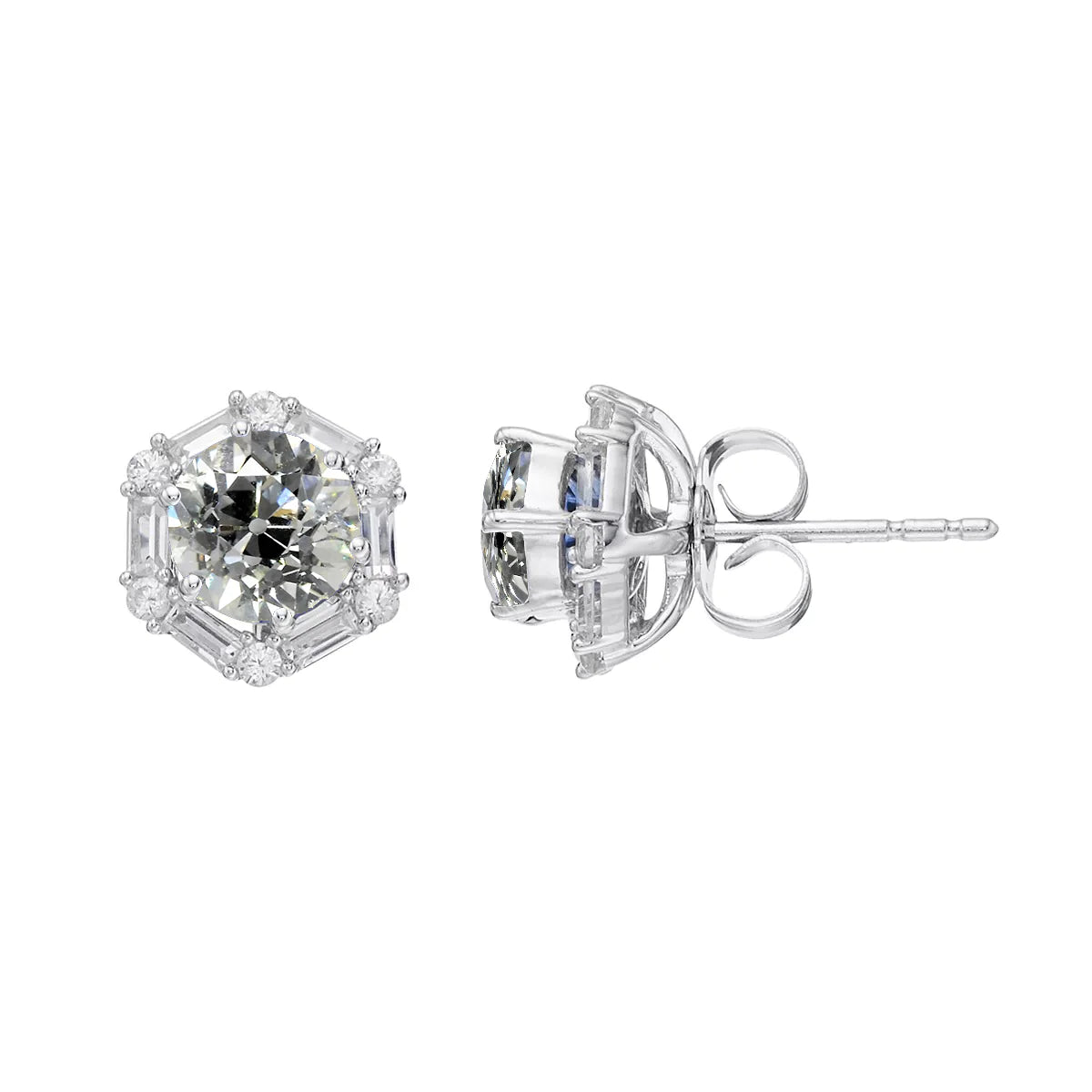 Baguette & Old Miner Halo Real Diamond Studs Earrings 3 Carats Push Backs