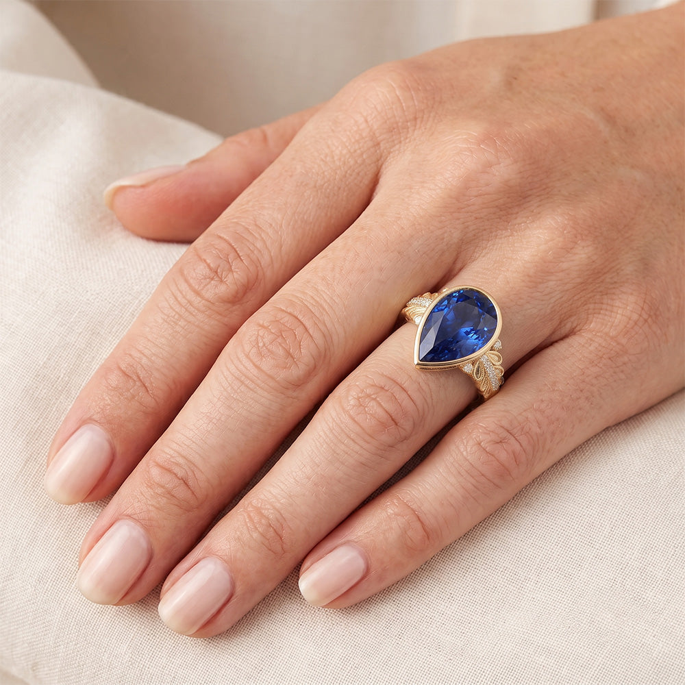 Bezel Set Pear Ceylon Sapphire & Natural Earth Mined Diamond ( Not Lab Grown ) Ring Yellow Gold 4...